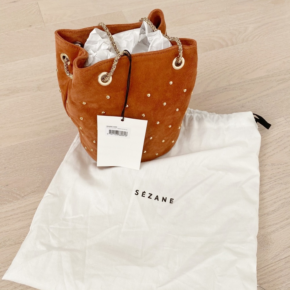 sézane • hope rosewood pink blush studded suede chain bucket bag - Picture 7 of 10